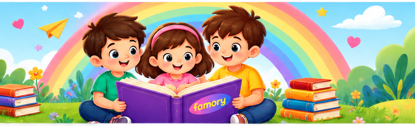 Children reading a Famory book under a rainbow